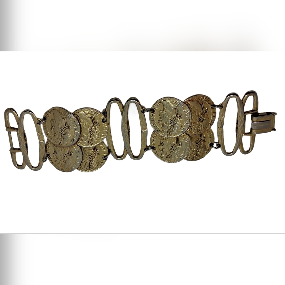 Vintage ART Signed Coin Medallion Bracelet Gold Tone Etruscan Revival - Picture 5 of 11